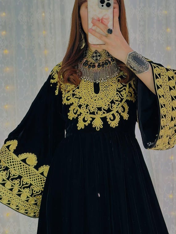 Elegant Black Afghan Kochi Dress with Golden Embroidery