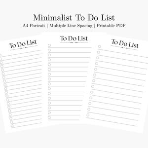 May include: Three minimalist "To Do List" sheets with multiple lines and circles for checkmarks. The text "Minimalist To Do List" and "To Do List" are displayed in a simple font. The sheets are A4 portrait size and are printable PDF.