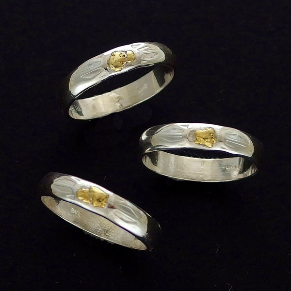 Wide Single Nugget Ring - Sterling Silver and Natural Gold Nugget Ring