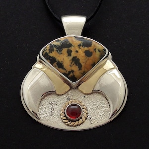 Jaguar Stone Pendant - Sterling Silver, Yukon River Gem & Garnet