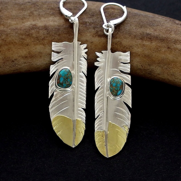 Feather Earrings - Sterling Silver, Alaskan Gold Nuggets & Kingman Turquoise