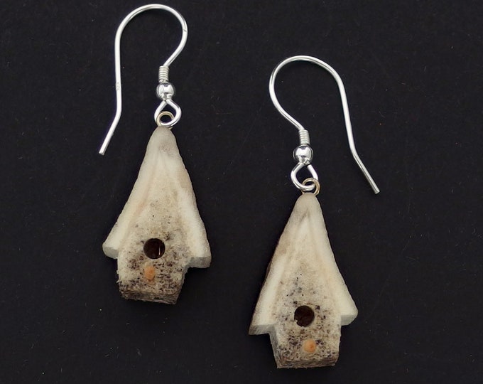 Birdhouse Earrings Hand Carved Caribou Antler Etsy