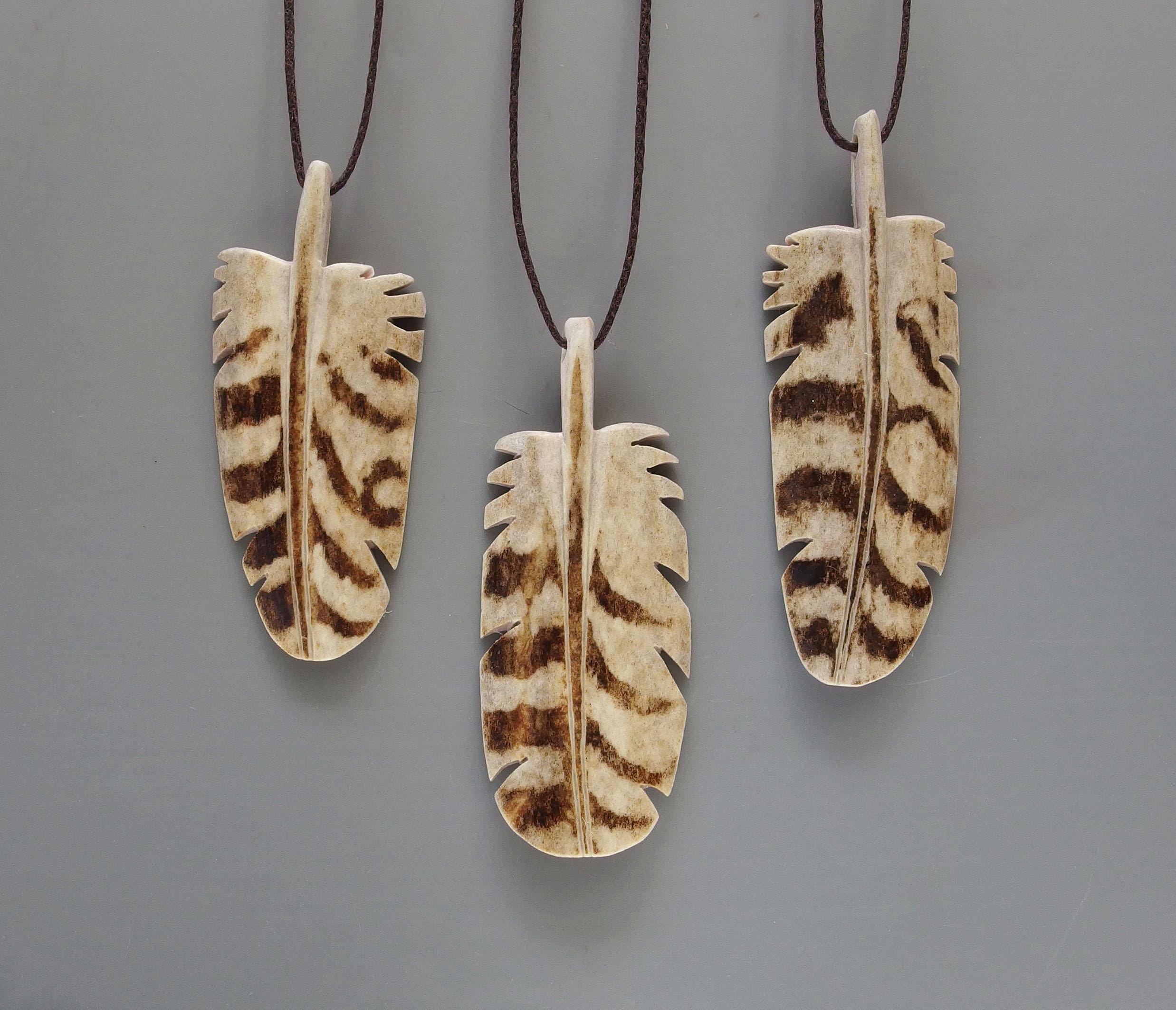 Caribou Feather Pendant - Hand Carved Antler Owl Feather