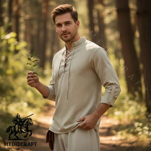 Khaki medieval tunic shirt with lace neckline, cotton blend fantasy shirt for LARP and renaissance fair