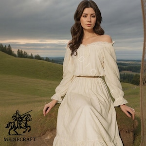 Renaissance Milkmaid Dress – LARP Peasant Gown, Off-Shoulder Medieval Costume, Cottagecore Cosplay Dress for Faire & Fantasy, Romantic Dress