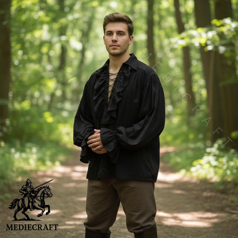 Black medieval renaissance shirt with ruffle front and loose sleeves, fantasy cosplay tunic for men.