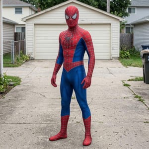 K&ouml;nnte beinhalten: Ein Ganzk&ouml;rper-Spider-Man-Kost&uuml;m bestehend aus einem roten und blauen Elasthan-Anzug mit einem schwarzen Spinnenemblem auf der Brust und einem Netzmuster auf den roten Bereichen. Dazu geh&ouml;rt eine passende Vollmaske mit wei&szlig;en Augenlinsen.