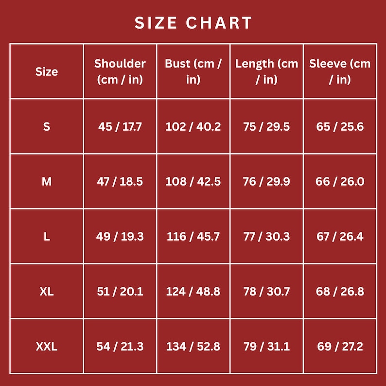 May include: A clothing size chart showing measurements in centimetres and inches. The chart includes sizes S to XXL, with shoulder, bust, length, and sleeve dimensions. The text "SIZE CHART" is at the top.