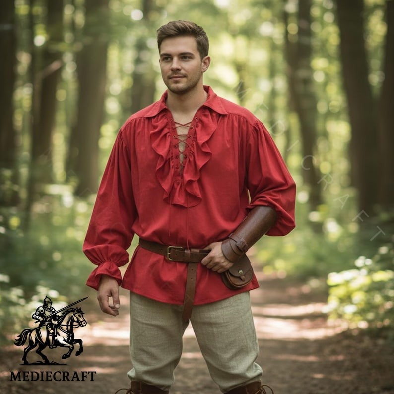 Red renaissance pirate shirt for men with ruffle collar and lace neckline, medieval LARP costume top.