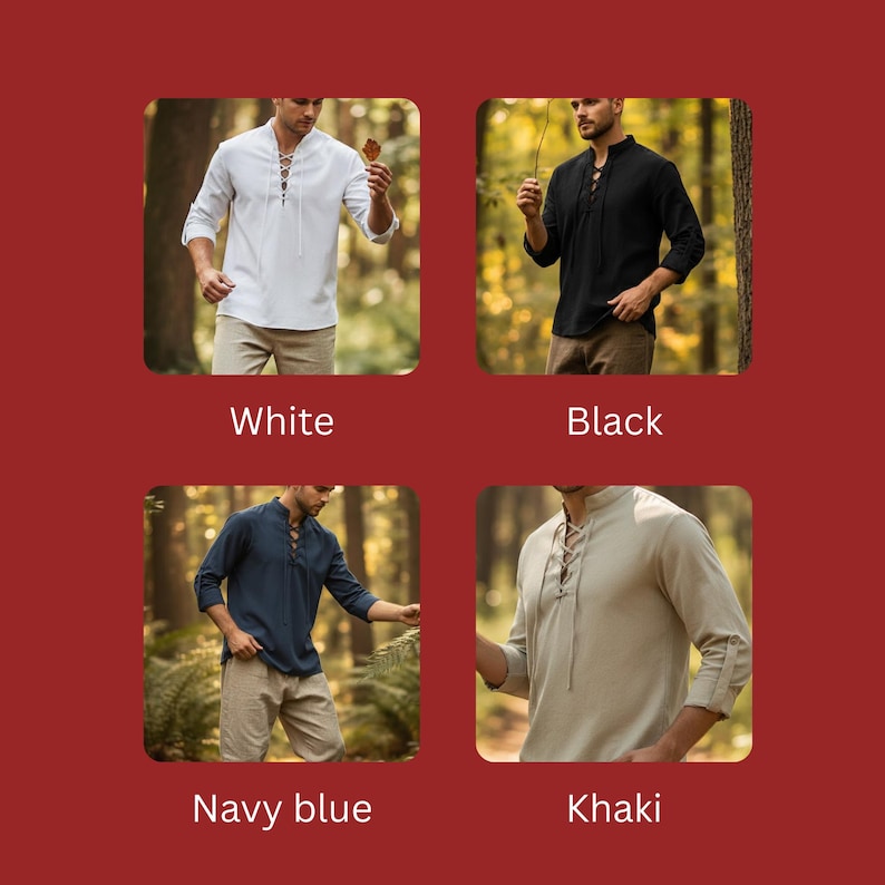 May include: Four long-sleeved shirts in white, black, navy blue, and khaki. Each shirt has a lace-up neckline and rolled-up sleeves. The shirts are shown against a natural outdoor backdrop.
