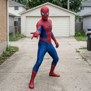 K&ouml;nnte beinhalten: Ein Ganzk&ouml;rper-Spider-Man-Kost&uuml;m in den Farben Rot und Blau mit einem schwarzen Spinnenemblem auf der Brust. Der Anzug enth&auml;lt eine passende Maske mit wei&szlig;en Augenlinsen und einem Spinnennetzmuster auf den roten Bereichen des Stoffes.