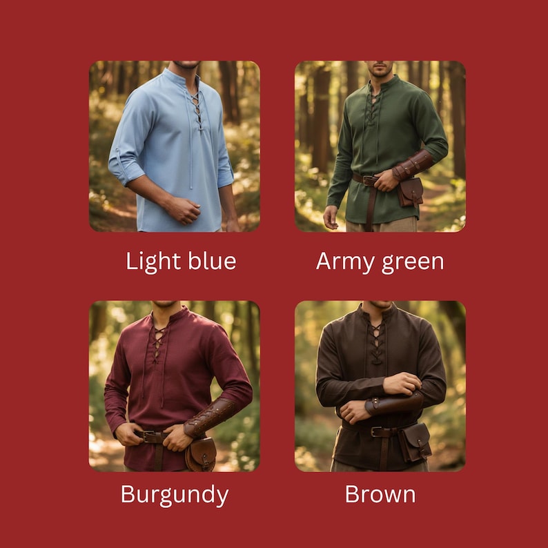 May include: Four long-sleeved shirts in light blue, army green, burgundy, and brown, each with a lace-up neckline. The shirts are shown on a person. The colour of each shirt is indicated by text below the image.
