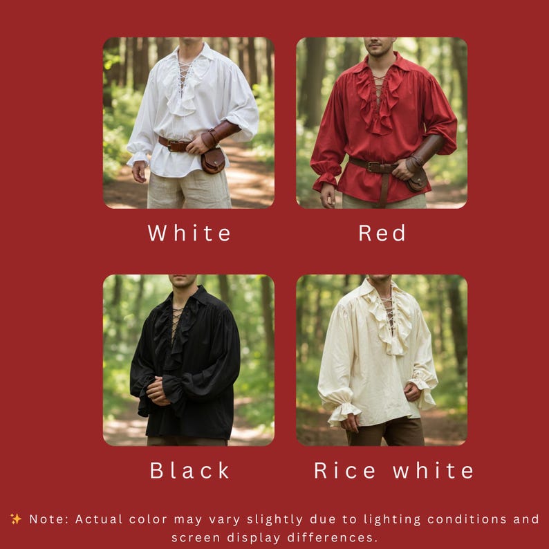 May include: Four different colored long-sleeve shirts with ruffled fronts and lace-up necklines are displayed. The colors are white, red, black, and rice white. The text "White", "Red", "Black", and "Rice white" are below each shirt. The note at the bottom says "Actual color may vary slightly due to lighting conditions and screen display differences."
