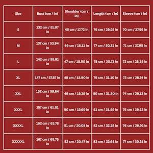 May include: A size chart with measurements in centimeters and inches for a garment. The chart includes sizes S through XXXXXL, with bust, shoulder, length, and sleeve measurements provided in both units.