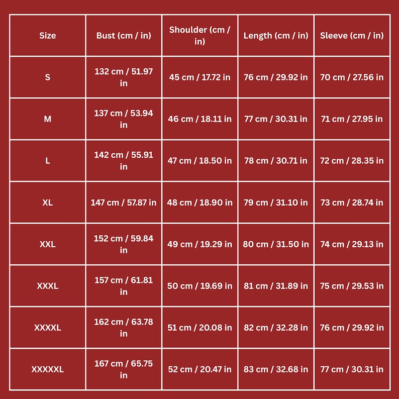 May include: A size chart with measurements in centimeters and inches for a garment. The chart includes sizes S through XXXXXL, with bust, shoulder, length, and sleeve measurements provided in both units.