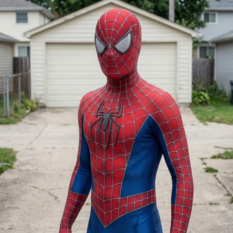 K&ouml;nnte beinhalten: Ein Ganzk&ouml;rper-Spider-Man-Kost&uuml;m aus rotem und blauem Elasthan-Material mit einem schwarzen Spinnennetz-Muster auf den roten Bereichen. Auf der Brust befindet sich ein markantes schwarzes Spinnenemblem und die Maske hat gro&szlig;e, wei&szlig;e, reflektierende Linsen.