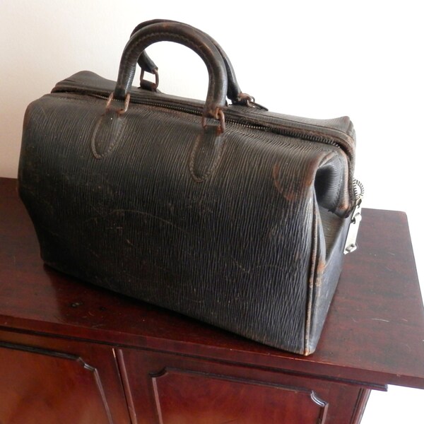 Antique Doctor's Style Tote Bag- Vintage Black Satchel Bag- Shabby Chic Black Bag