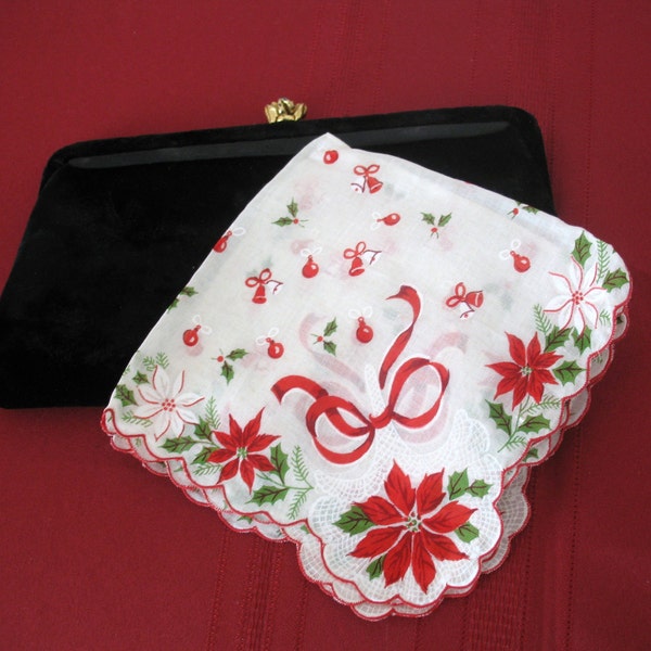 Vintage Christmas Handkerchief with Scalloped Edge - Red Poinsettia Hanky