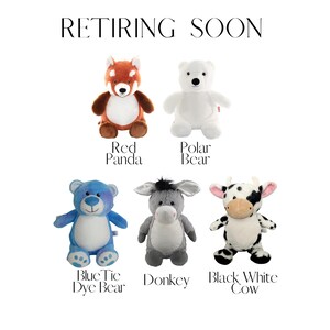 five stuffed animals, including a red panda, a polar bear, a blue tie dye bear, a donkey, and a black and white cow.