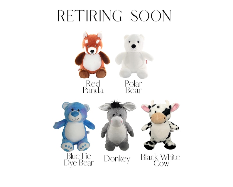 five stuffed animals, including a red panda, a polar bear, a blue tie dye bear, a donkey, and a black and white cow.