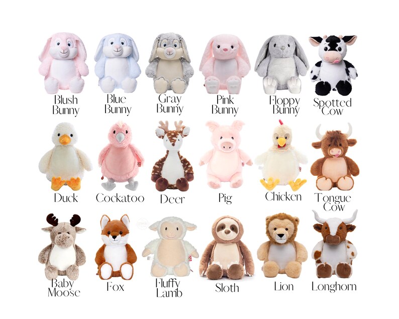 a collection of stuffed animals, including rabbits, ducks, deer, pigs, chickens, and other animals, each labeled with a different color.