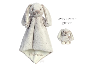 Personalized Bunny Lovey and Rattle Set: Embroidered Baby Security Blanket