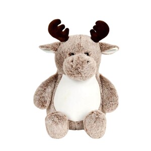 A plush toy of a moose with antlers sits against a white background.