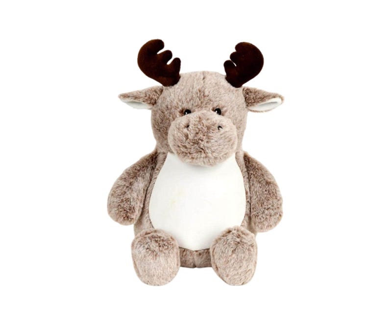 A plush toy of a moose with antlers sits against a white background.