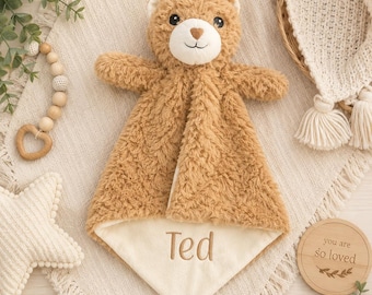 Personalized Baby tan bear Lovey, Newborn Security Blanket Baby Shower Gift