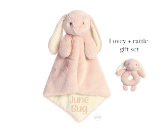 Personalized Bunny Lovey & Rattle Gift Set: Embroidered Baby Security Blanket