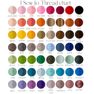 The image is a color chart that displays various thread colors, including pink, red, black, and more, arranged in a grid format.