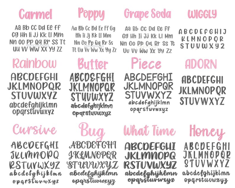 a collection of various font styles and types, including cursive, bug, what time, and wiggly. The fonts are presented in a grid format, with each font type displayed in a separate column. The fonts are arranged in a visually appealing manner, showcasing the diversity and creativity of typography.