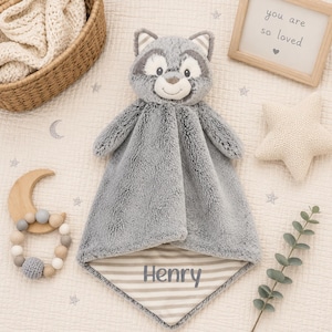 Personalized Raccoon Baby Lovey: Embroidered Animal Blanket Baby Shower Gift
