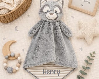 Personalized Raccoon Baby Lovey: Embroidered Animal Blanket Baby Shower Gift
