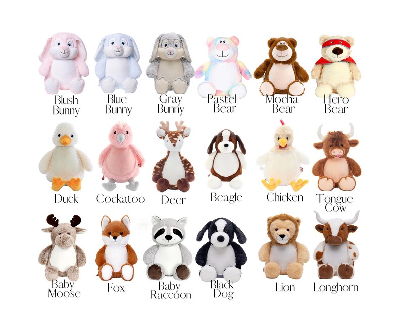 a collection of 16 stuffed animals, each with a unique design and color, arranged in a grid-like pattern.