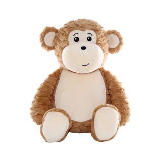 A large, brown stuffed monkey toy sitting on a white background.