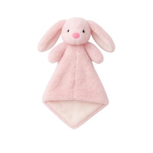 A pink plush bunny toy is shown against a white background.