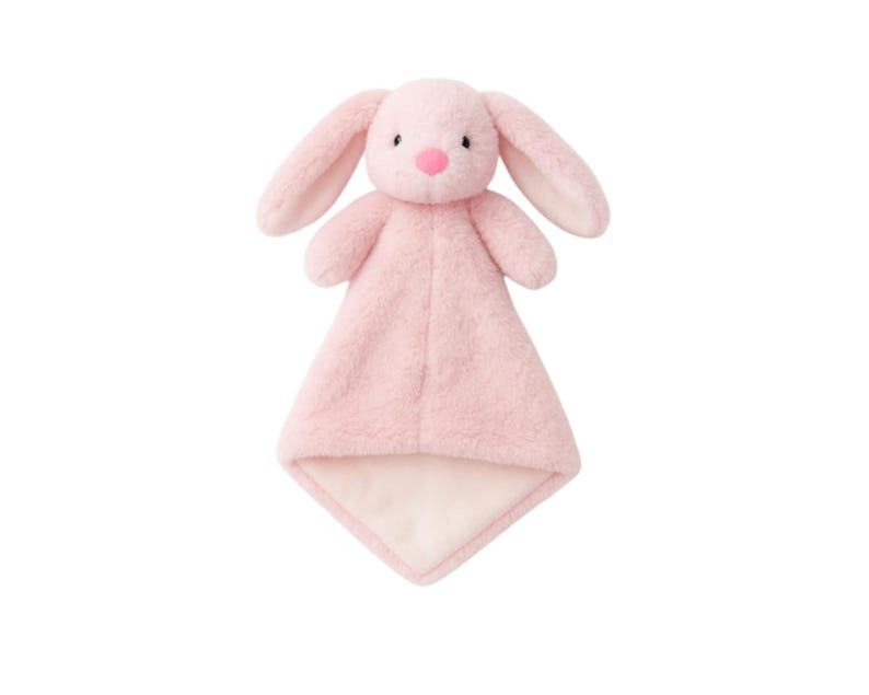A pink plush bunny toy is shown against a white background.