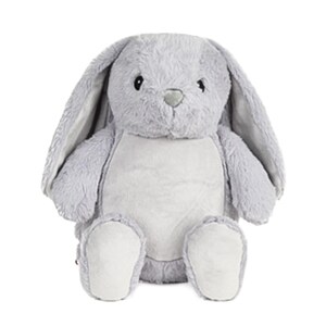 A plush gray bunny stuffed animal sitting on a white background.