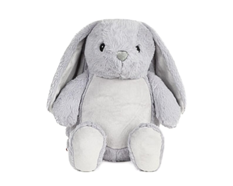 A plush gray bunny stuffed animal sitting on a white background.