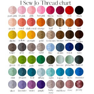 The image is a color chart that displays various thread colors, including pink, red, black, and more, arranged in a grid format.