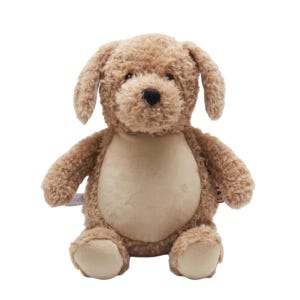 A brown stuffed dog toy with floppy ears and a black nose sits on a white background.
