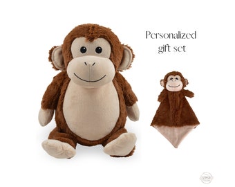 Personalized Monkey Stuffed Animal and Lovey Gift Set, New Baby Gift, Personalized Baby Monkey Blanket