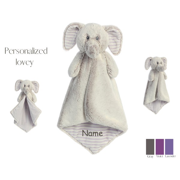 Personalized Lavender Elephant lovey, Animal Lovey, Baby Girl Gift, Lovie, Security Blanket