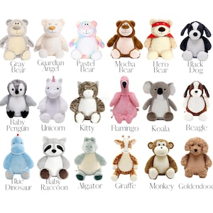 a collection of 16 stuffed animals, each with a unique design and color, arranged in a grid-like pattern.