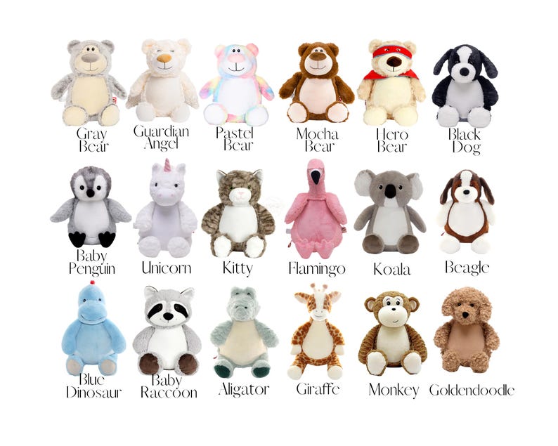 a collection of 16 stuffed animals, each with a unique design and color, arranged in a grid-like pattern.