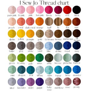 The image is a color chart that displays various thread colors, including pink, red, black, coral, coral orange, buff, fox, rust, yellow, jade, gold, brown, blue, green, lime green, lime purple, blue, teal, aqua, topaz, and purple.