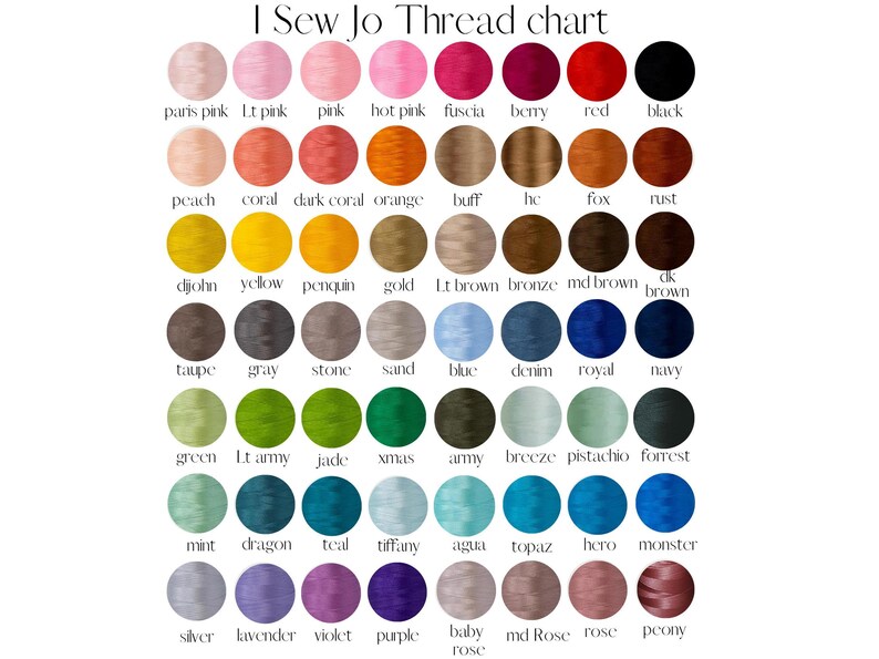 The image is a color chart that displays various thread colors, including pink, red, black, coral, coral orange, buff, fox, rust, yellow, jade, gold, brown, blue, green, lime green, lime purple, blue, teal, aqua, topaz, and purple.