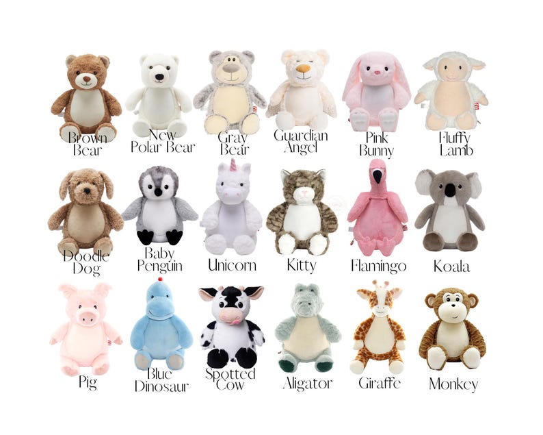 a collection of 16 stuffed animals, each with a unique color and design, arranged in a grid-like pattern.