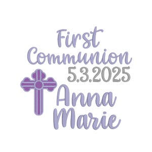 text and a purple cross, likely representing a first Communion celebration for a child named Anna Marie.